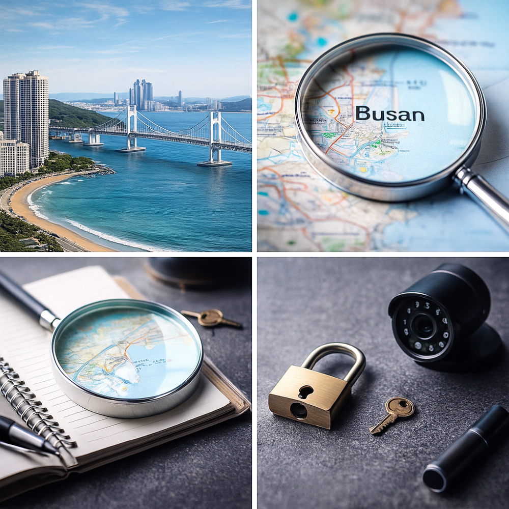 부산흥신소 관련 이미지, 부산 풍경과 탐색 도구·보안 장비를 포함한 콜라주형 사진